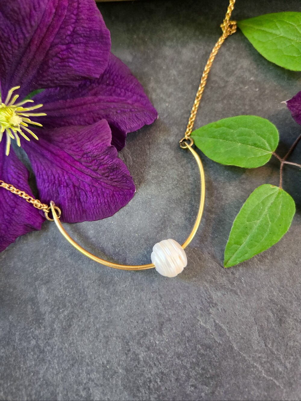 NWT Artisan-Made Freshwater Pearl Brass Arc Necklace
